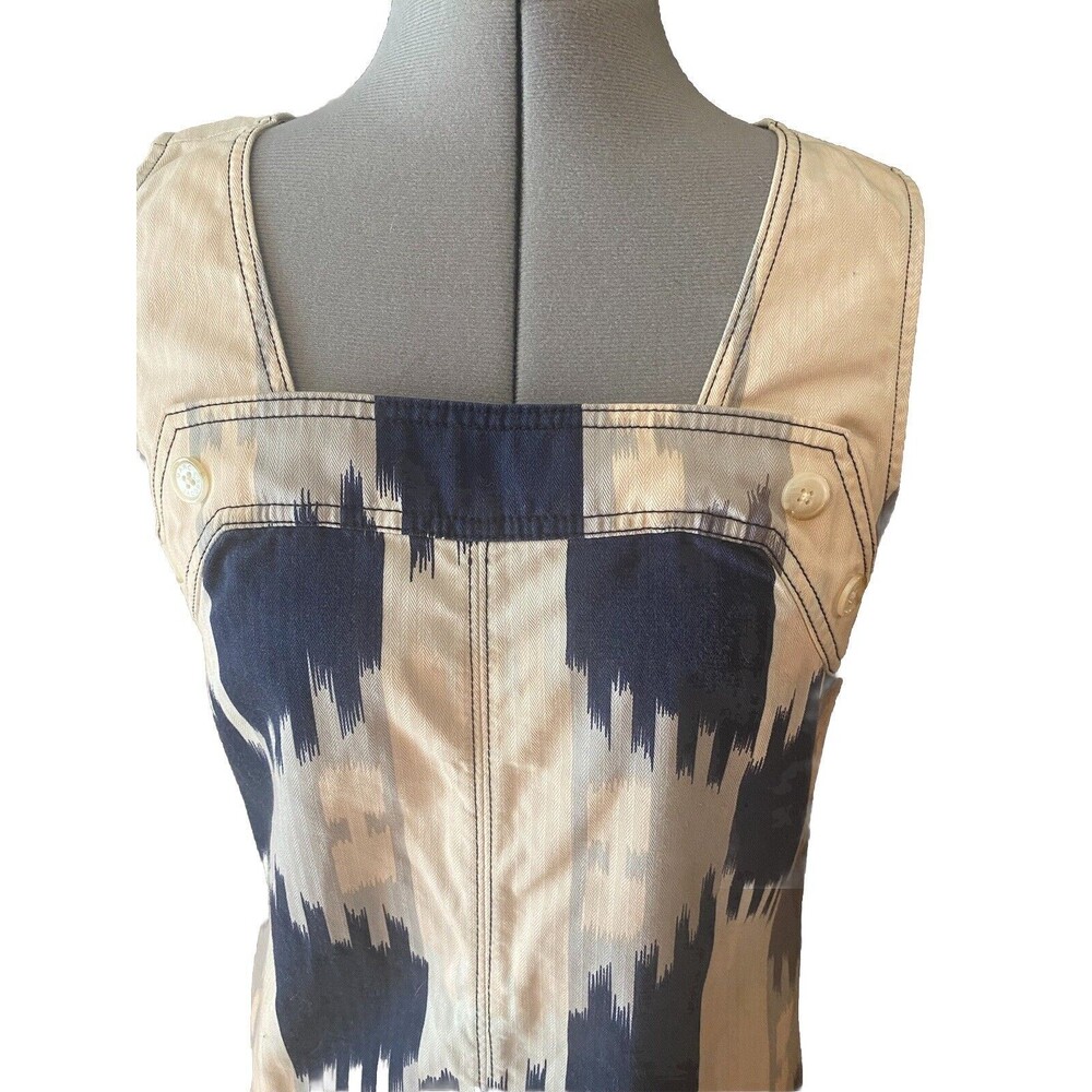 marc jacobs dress medium blue, beige geometric design side zipper button accents